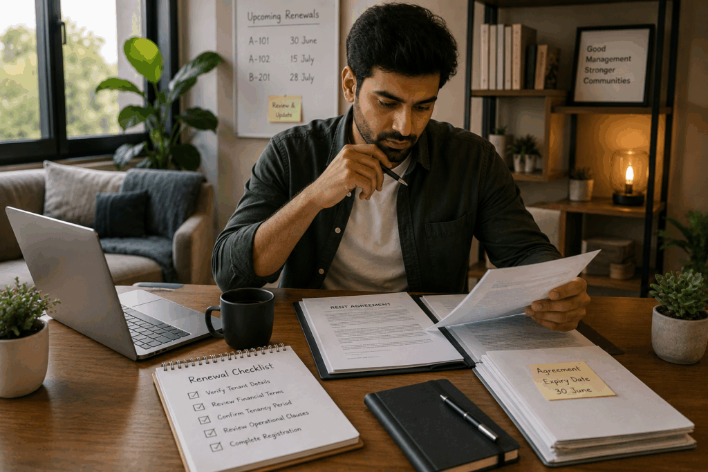 Rent Agreement Renewal checklist being reviewed by a landlord before updating rental terms and renewing a rental agreement.