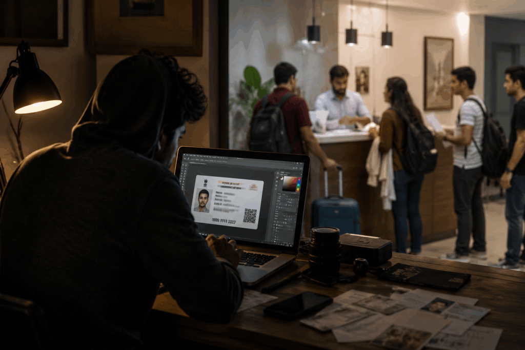 Cybercriminal creating a fake identity document while a busy PG reception processes tenant onboarding, highlighting the growing risk of fake ID fraud during tenant verification.