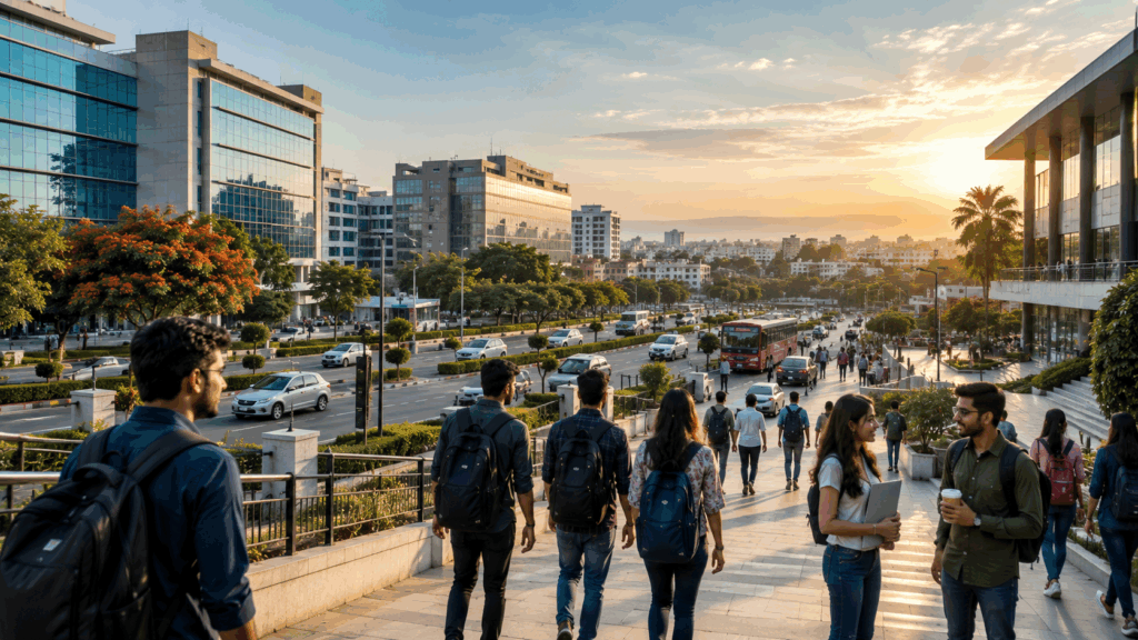 PG Management in Indore, PG Management in Indore: Scaling Beyond 50 Beds, Rentok Young professionals and students in Indore's growing business district, highlighting the rising demand for PG management in Indore.