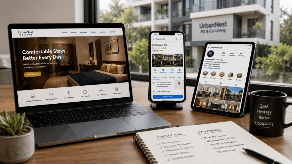 PG owner managing Google Business Profile, property website, and social media to improve local SEO and attract more tenant enquiries.