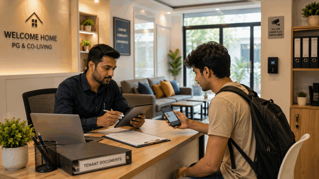 PG in Jaipur, PG in Jaipur: What Owners Need to Know Before Opening in 2026, Rentok Property manager completing digital tenant KYC verification and rental agreement process with a new resident at a modern PG in Jaipur before move-in.