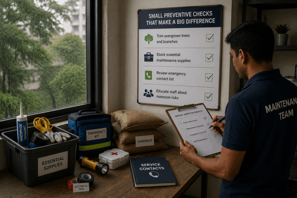 PG Monsoon Maintenance Checklist, PG Monsoon Maintenance Checklist: A Complete Guide, Rentok Maintenance staff preparing a PG property for the monsoon by inspecting emergency supplies, reviewing maintenance checklists, and organizing preventive maintenance resources to reduce seasonal property issues.
