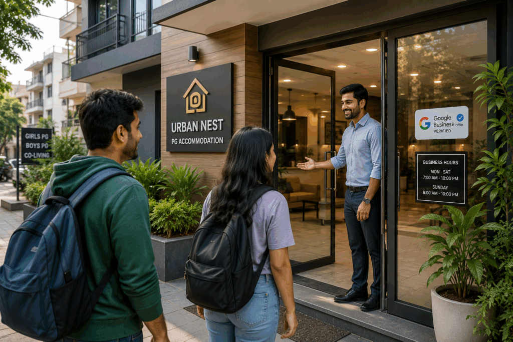 Modern PG owner welcoming prospective tenants outside a verified Google Business Profile listing, showcasing local search visibility, online discovery, and professional property management.