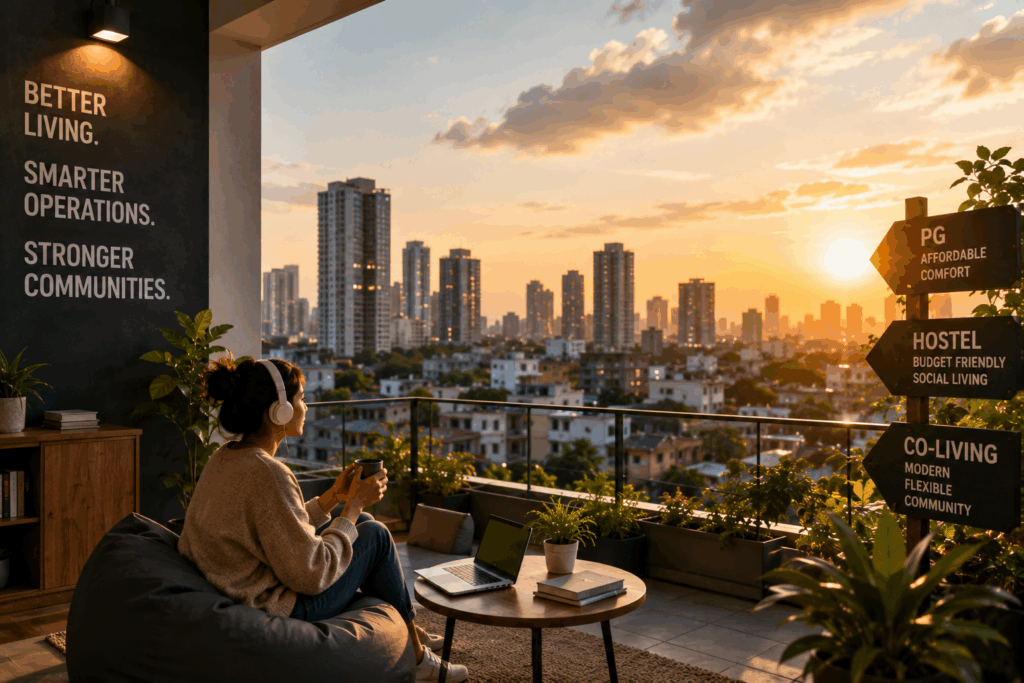 PG vs Co-living vs Hostel, PG vs Co-living vs Hostel: What’s the Difference, Rentok Indian rental market evolving with modern PG, hostel, and co-living accommodation in professionally managed residential buildings.