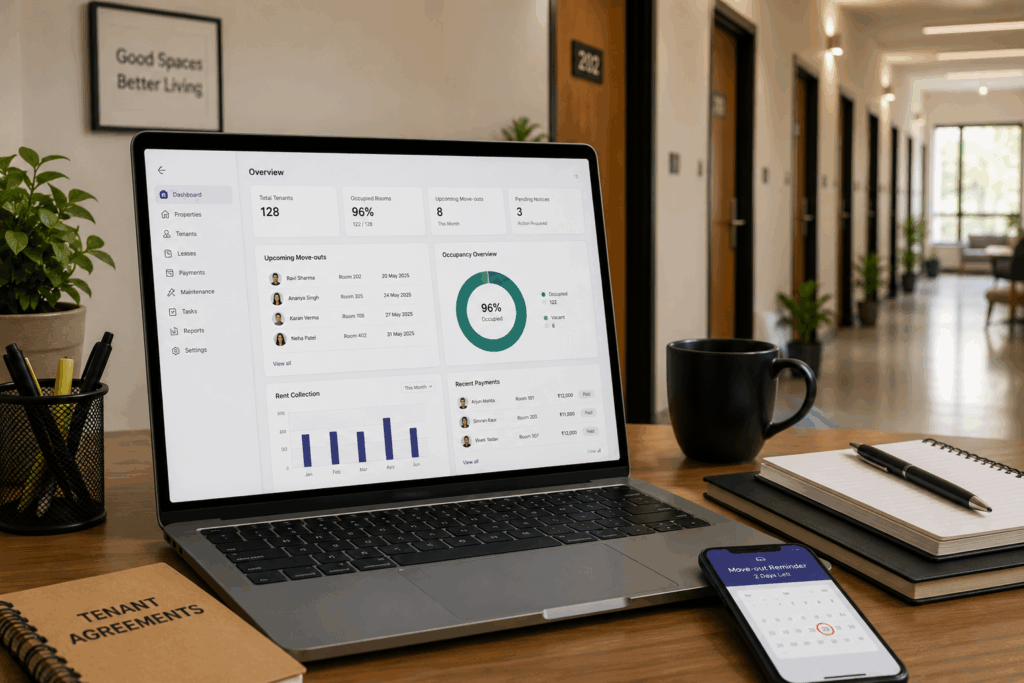 Property management dashboard tracking tenant notice periods, rental agreements, payments, and upcoming move-outs for a modern PG.