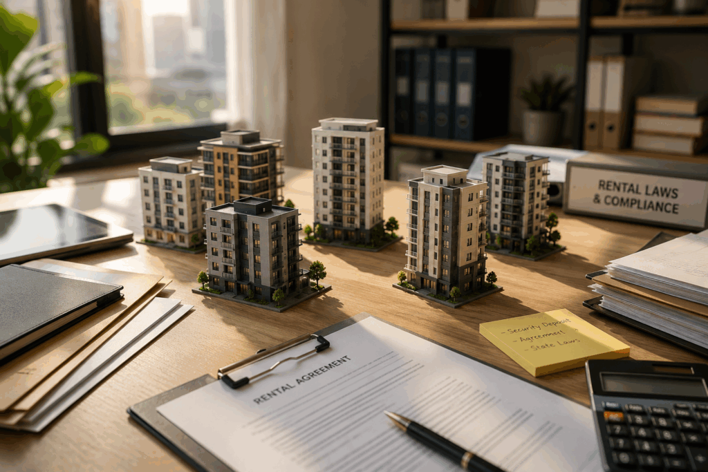 Security Deposit Amount, The Security Deposit Amount: What Is Legal in Your State?, Rentok Modern property management workspace with rental agreements, apartment building models, and compliance documents representing state-wise security deposit regulations in India.