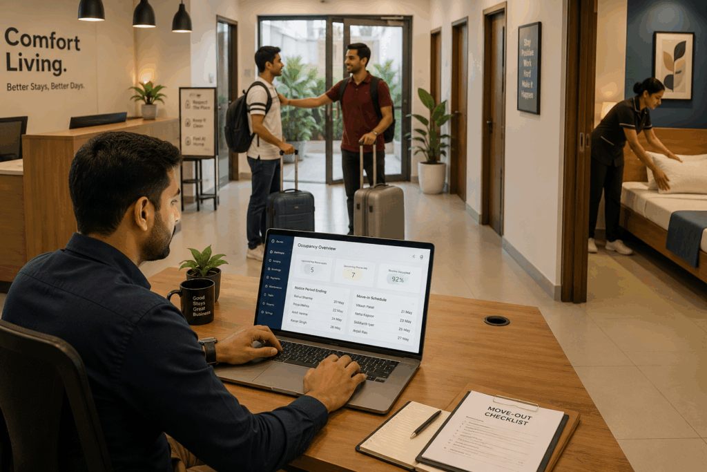 Tenant Who Overstays the Notice Period, How to Handle a Tenant Who Overstays the Notice Period, Rentok Property manager tracking tenant notice periods, scheduled move-outs, and upcoming move-ins in a modern PG to ensure smooth occupancy planning and prevent tenant overstay disputes.