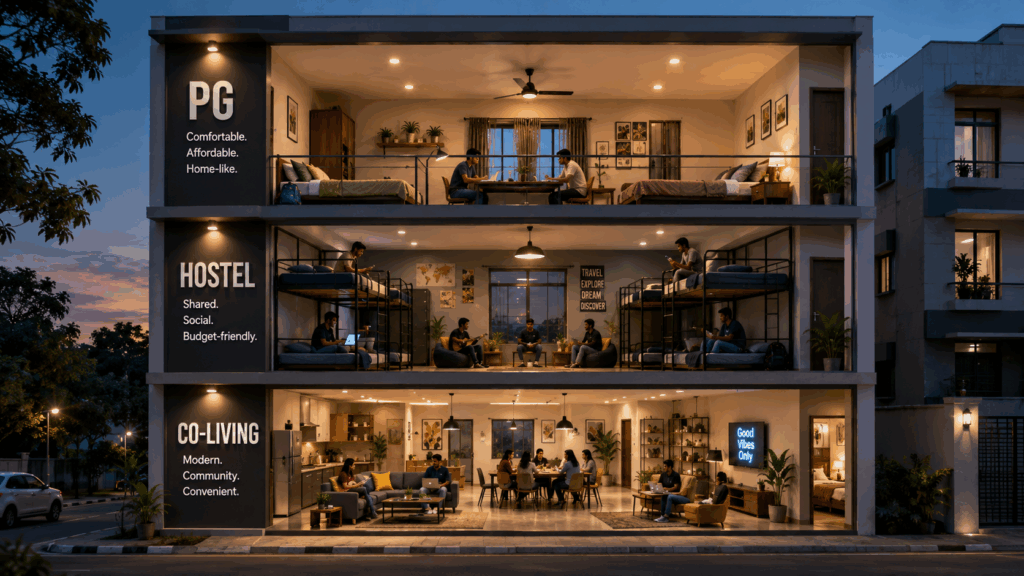 PG vs Co-living vs Hostel, PG vs Co-living vs Hostel: What’s the Difference, Rentok Three-storey building comparing a Paying Guest (PG), hostel, and co-living space with different room layouts and living experiences.