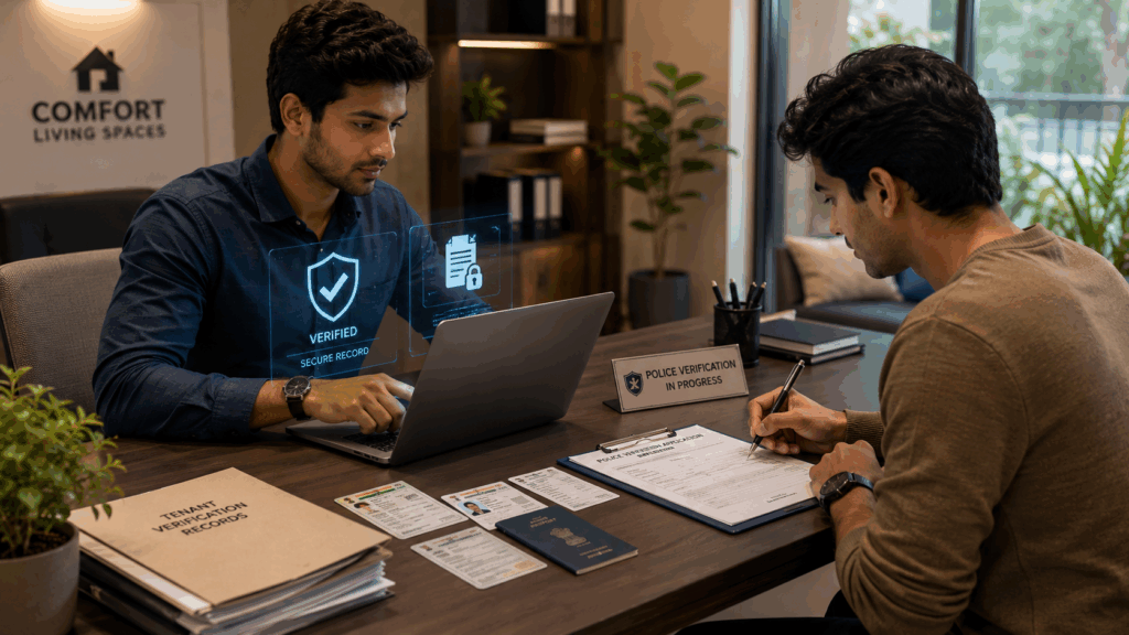 Property manager completing police verification and tenant identity verification during PG onboarding, reviewing tenant documents and rental agreement in a modern property management office for secure and compliant tenant verification