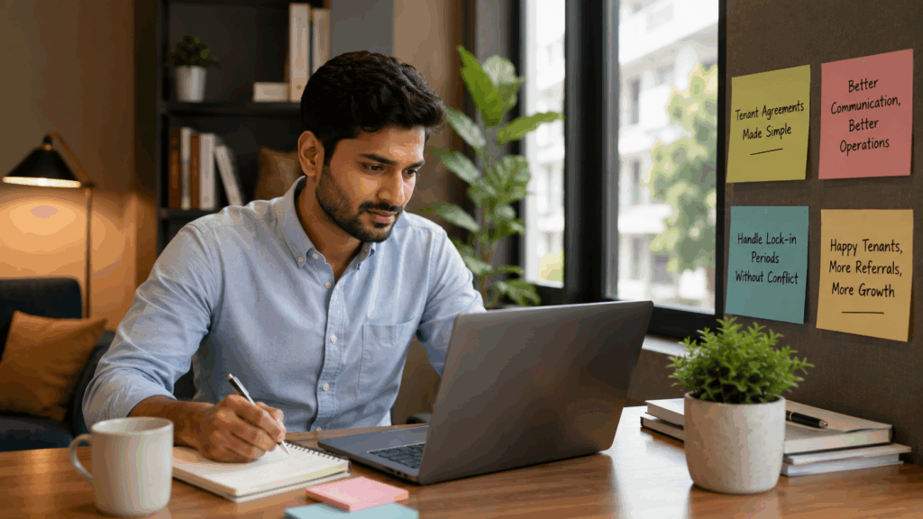 Property manager using digital property management tools to organize tenant operations, agreements, communication, occupancy, and rental workflows for a scalable PG business.