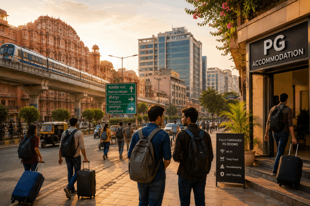 PG in Jaipur, PG in Jaipur: What Owners Need to Know Before Opening in 2026, Rentok Students and young professionals arriving at a modern PG in Jaipur with metro connectivity, showcasing the city's growing rental housing and co-living market in 2026.