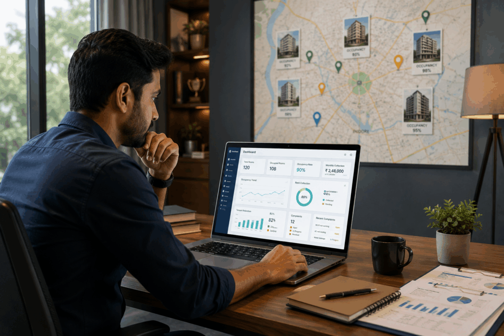 PG Management in Indore, PG Management in Indore: Scaling Beyond 50 Beds, Rentok PG owner in Indore analyzing occupancy, rent collection, tenant retention, and business performance dashboard to scale a 50+ bed property efficiently.