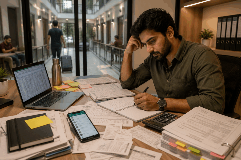 Property manager handling rent payments, tenant records, and spreadsheets in a 50-bed PG before using RentOk property management software.