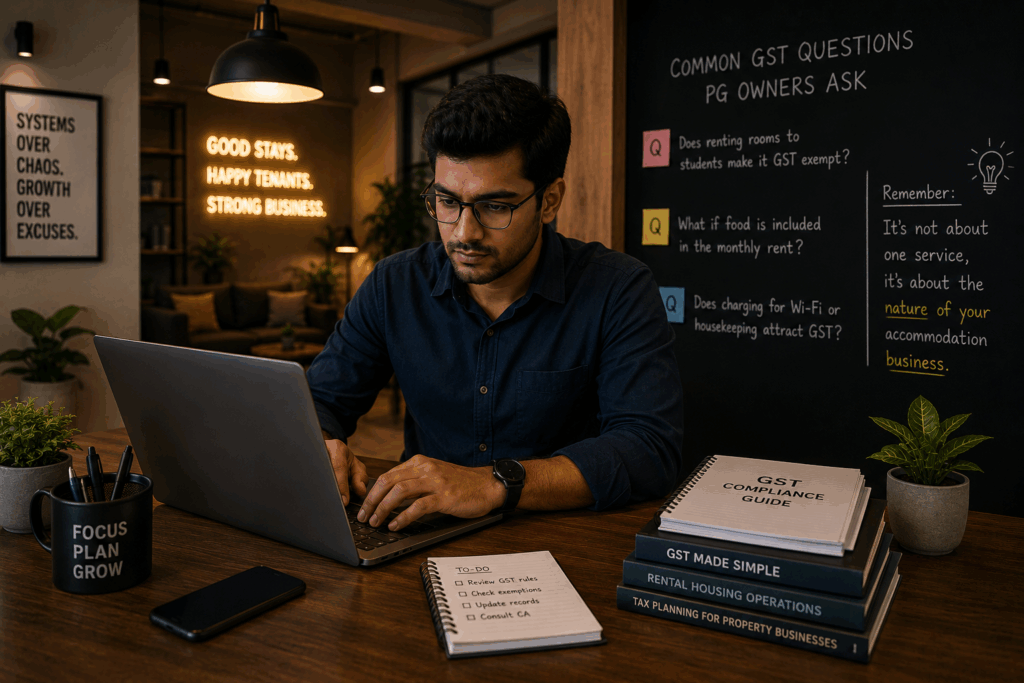 GST on PG Rent, GST on PG Rent: What Every Owner Must Know in 2026, Rentok PG owner reviewing GST on PG rent compliance while working on a laptop in a modern office, managing rental records, accommodation services, and property tax documentation for a co-living business.