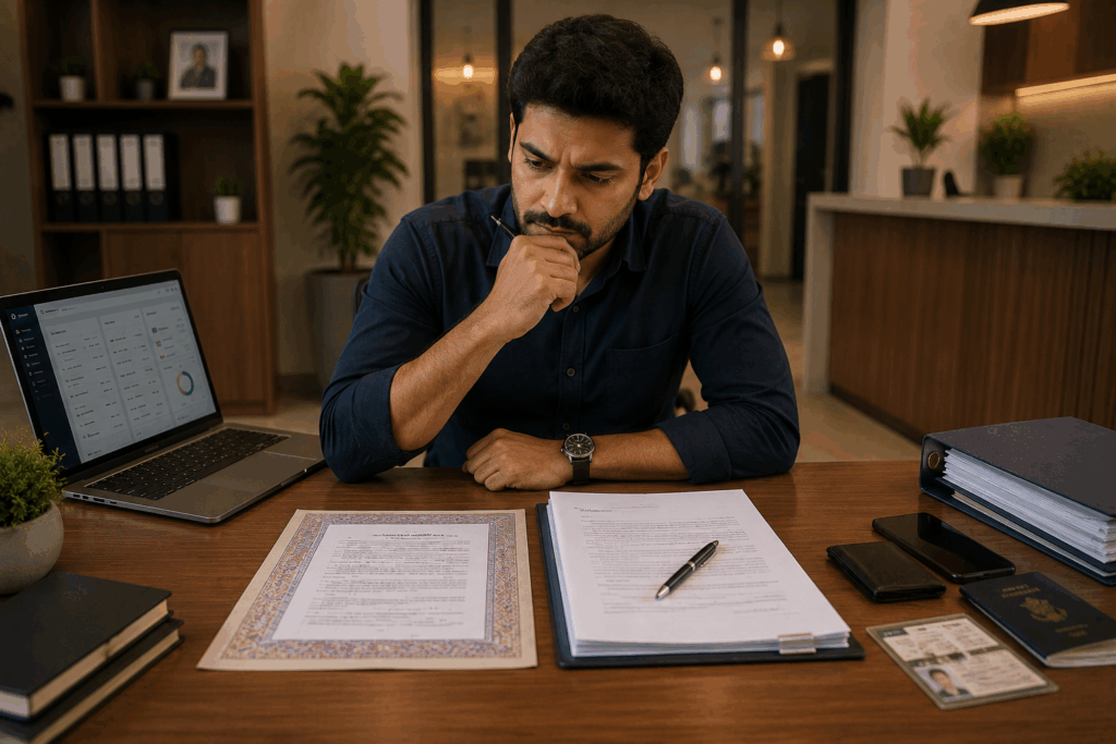 PG Rental Agreement, What Happens If You Don’t Register Your PG Rental Agreement?, Rentok Professional PG owner evaluating rental agreement documents and registration paperwork in a modern office to ensure legal compliance and prevent rental disputes.