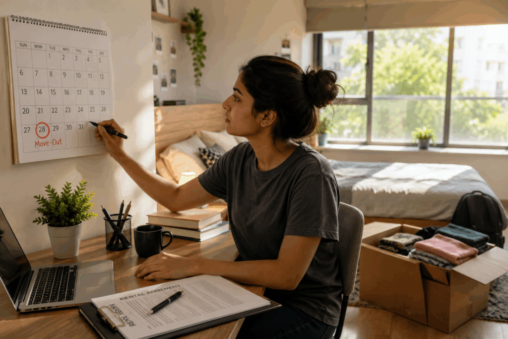 Tenant planning a PG move-out by marking a notice period on a calendar before vacating a rental room in a modern co-living space.