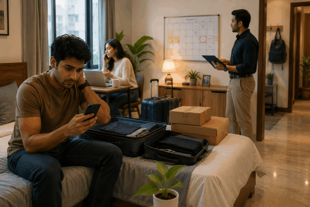 Tenant Who Overstays the Notice Period, How to Handle a Tenant Who Overstays the Notice Period, Rentok Tenant overstay notice period in a modern co-living property with packed luggage, delayed relocation, and property manager planning tenant move-out.