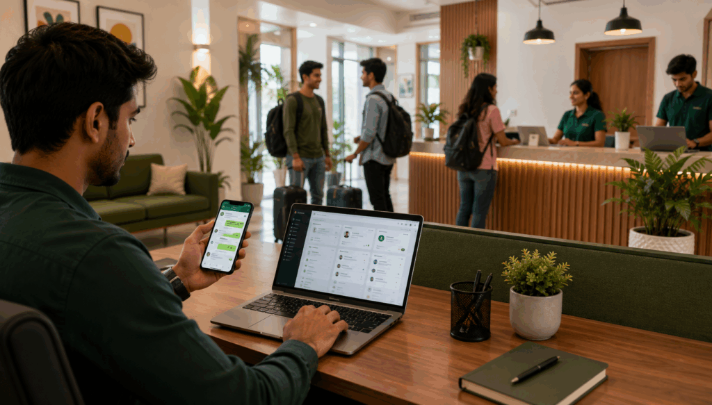 WhatsApp Message Templates, 5 WhatsApp Message Templates Every PG Owner Should Save, Rentok Property manager using WhatsApp and property management software to communicate with tenants in a modern PG, showcasing standardized tenant communication, rent reminders, onboarding, and operational management.