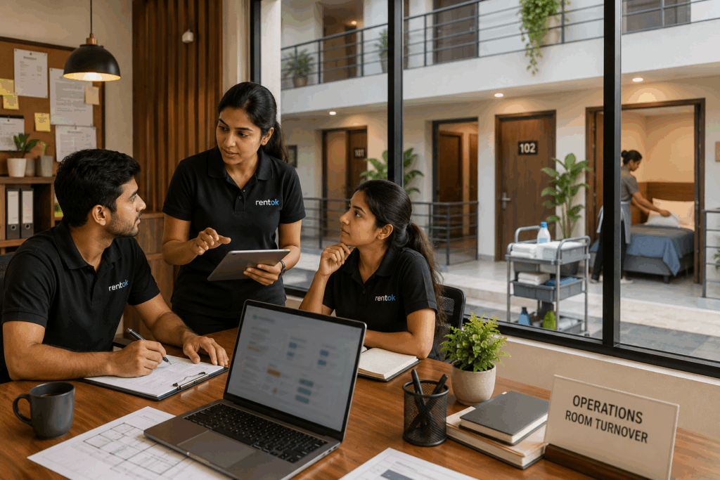 Move-Out Checklist, Move-Out Checklist for PG Owners: What to Do When a Tenant Leaves, Rentok Property management team coordinating tenant move-out process and room turnover in a modern PG to improve occupancy and operational efficiency.