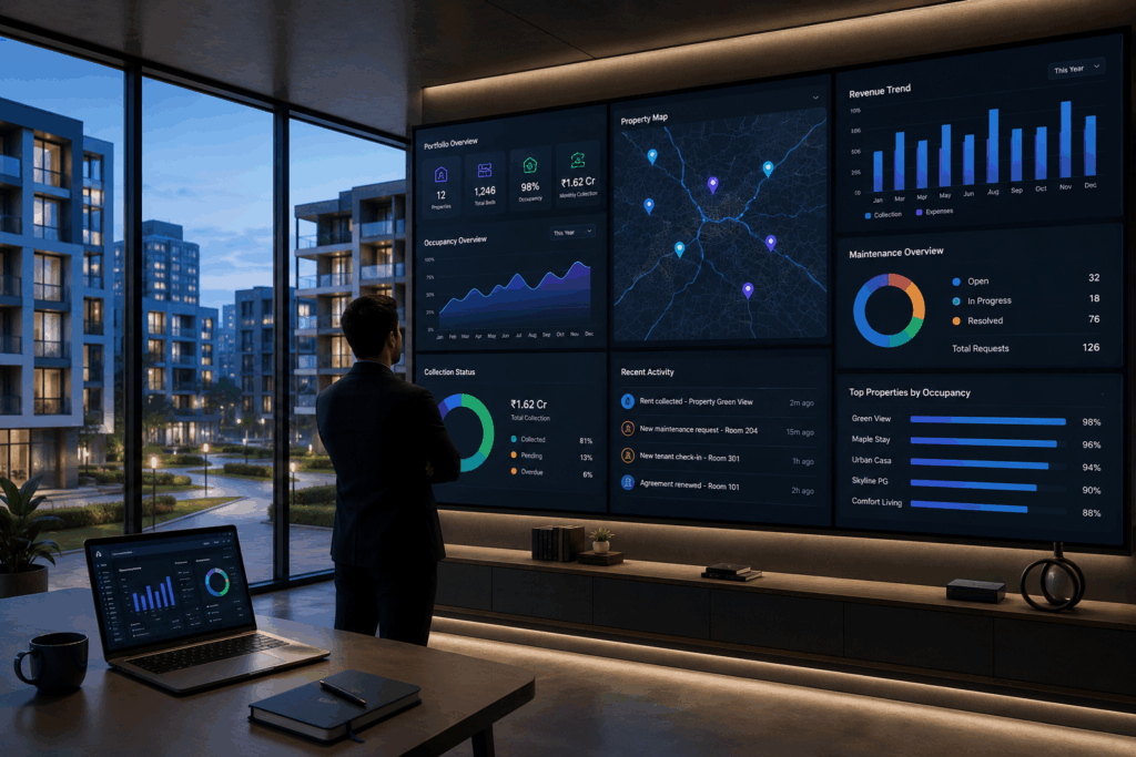 RentOk Cost, What Does RentOk Cost? A Plain-English Pricing Breakdown, Rentok Property manager evaluating property management software pricing on a laptop with rental business documents, financial planning tools, and modern apartment buildings in the background.