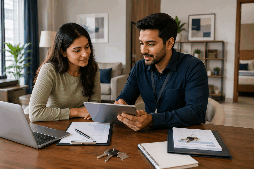 Hidden Cost of Renting, Security Deposits: The Hidden Cost of Renting, Rentok Property manager explaining a digital rental agreement and security deposit terms to a tenant in a modern apartment, promoting transparent property management.