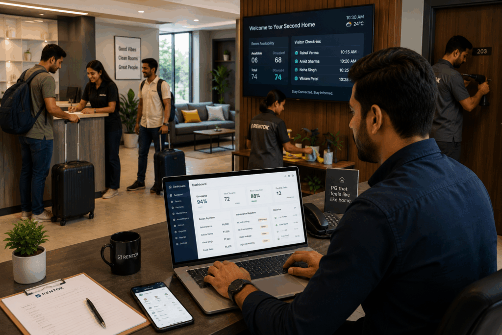 PG Management in Indore, PG Management in Indore: Scaling Beyond 50 Beds, Rentok Property manager using modern PG management software to automate tenant check-ins, rent collection, maintenance, and daily operations in a growing PG.