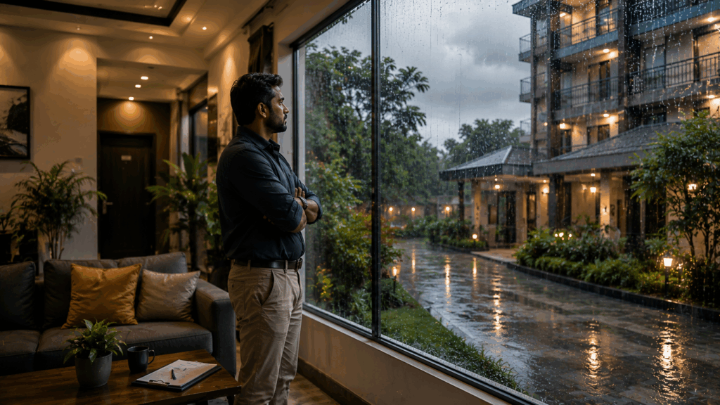 PG Monsoon Maintenance Checklist, PG Monsoon Maintenance Checklist: A Complete Guide, Rentok Property manager inspecting a modern PG during the monsoon, highlighting preventive maintenance, rain-ready infrastructure, and seasonal property management.
