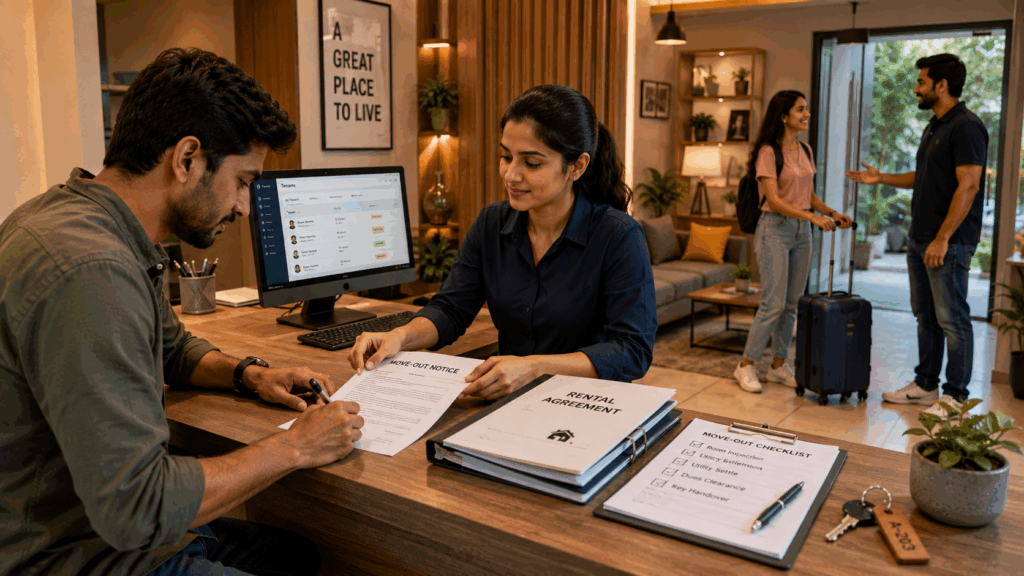 PG owner explaining the notice period policy and rental agreement to a tenant during the move-out process in India.