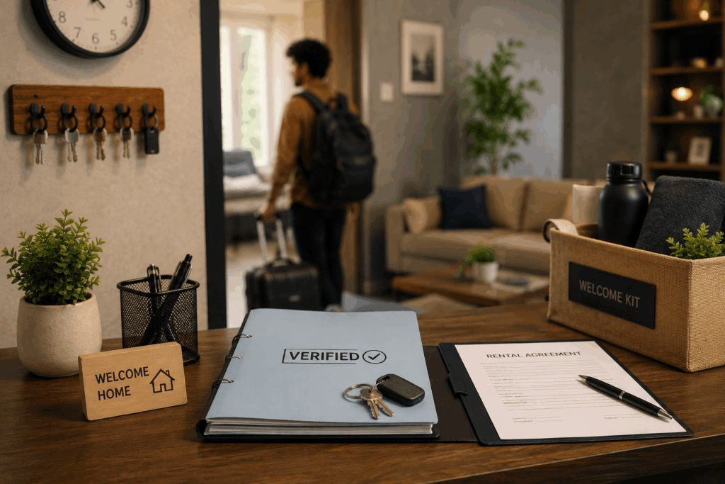 Verified tenant onboarding setup at a modern PG reception with rental agreement, room keys, and organized tenant verification documents ready before move-in.