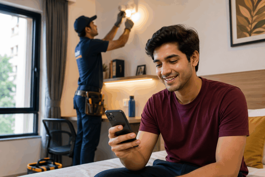 Handling Maintenance Requests, How to Handle Maintenance Requests in Your PG, Rentok Tenant checking a maintenance request update on a smartphone while a technician repairs a room in a modern PG, showcasing efficient complaint management and property maintenance operations.