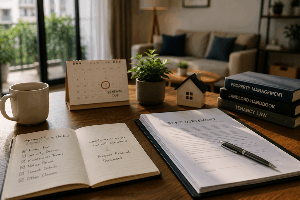 Modern workspace with a rent agreement renewal document, calendar, and property management essentials for rental agreement updates.