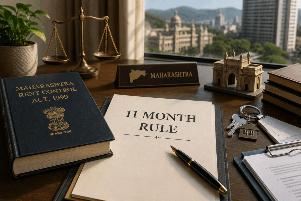 Rental Agreement, Why Is a Rental Agreement Made for 11 Months Only?, Rentok Legal documents, Maharashtra Rent Control Act book, and an 11 month rule agreement on a desk, highlighting state-specific rental agreement registration requirements in India.