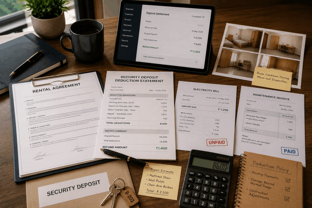 Security Deposit, How to Return a Security Deposit Without a Dispute, Rentok Rental agreement, security deposit deduction statement, maintenance invoices, unpaid utility bill, and deposit settlement documents arranged on a desk for transparent PG security deposit refund management.