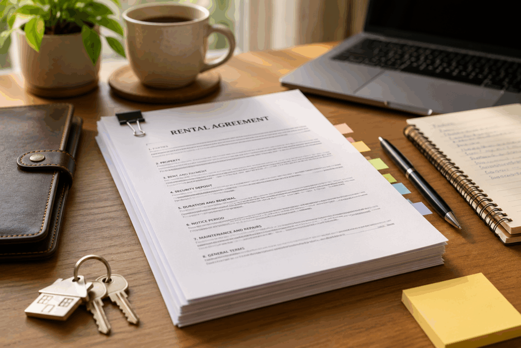 Rental Agreement, Why Is a Rental Agreement Made for 11 Months Only?, Rentok Close-up of a rental agreement with page tabs, apartment keys, laptop, notebook, and pen on a desk, representing essential clauses in an 11 month rent agreement.