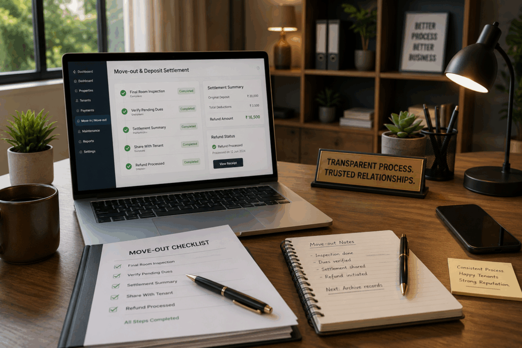 Security Deposit, How to Return a Security Deposit Without a Dispute, Rentok Move-out checklist and security deposit settlement dashboard on a laptop with inspection documents, illustrating a transparent security deposit refund process for PG and rental property management.