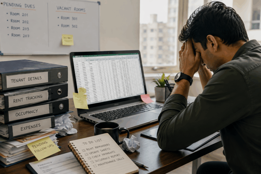 RentOk vs Excel, RentOk vs Excel: What You’re Really Losing Every Month, Rentok Property manager struggling with Excel spreadsheets as tenant records and rental operations become difficult to manage.
