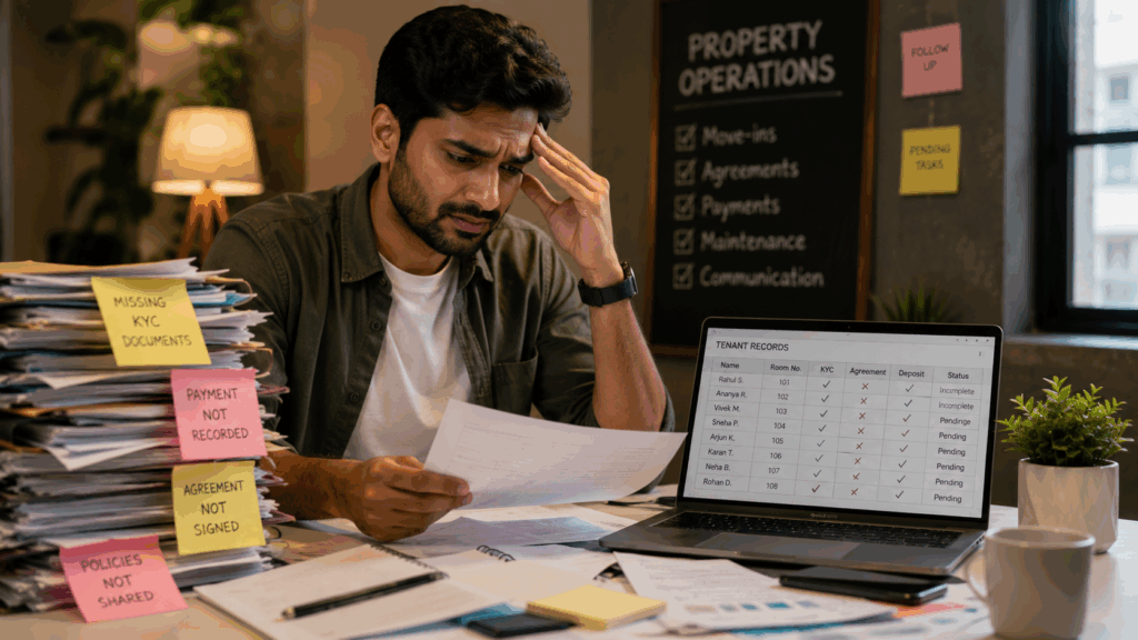 Property manager reviewing tenant documents during the onboarding process, highlighting digital record management, agreement verification, payment tracking, and efficient PG property management operations.