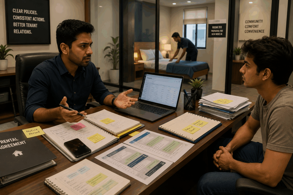 Tenant Who Overstays the Notice Period, How to Handle a Tenant Who Overstays the Notice Period, Rentok PG owner discussing an overstayed notice period with a tenant while reviewing rental agreements, tenant records, and move-out documentation in a modern property management office.