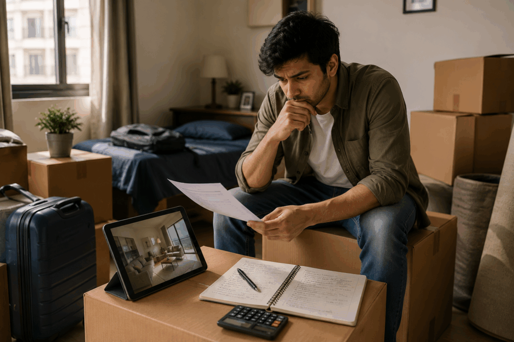 Hidden Cost of Renting, Security Deposits: The Hidden Cost of Renting, Rentok Young professional surrounded by moving boxes reviewing rental documents while planning a move, highlighting the hidden cost of renting and high security deposits in India.