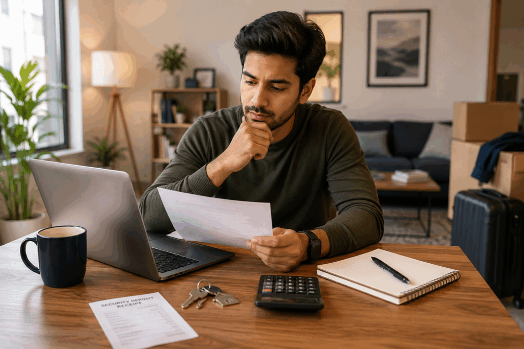 Hidden Cost of Renting, Security Deposits: The Hidden Cost of Renting, Rentok Young tenant reviewing a rental agreement and security deposit receipt in a modern apartment while calculating moving expenses before renting a new home.