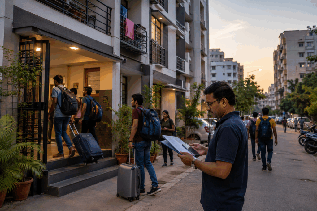 Pune Police Crackdown, Pune Police Crackdown: What PG Owners Need to Know, Rentok Pune rental property with tenants and landlord managing tenant records digitally in a residential neighborhood