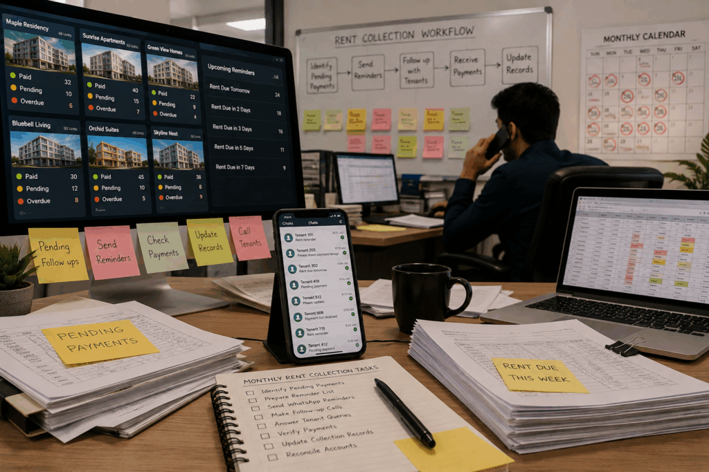 Tenants Who Pay Late, How to Deal with Tenants Who Pay Late Every Single Month, Rentok Property manager handling manual rent collection across multiple rental properties using spreadsheets, payment records, reminder lists, and tenant follow-ups, illustrating the challenges of scaling manual rent collection and the need for automated property management systems.