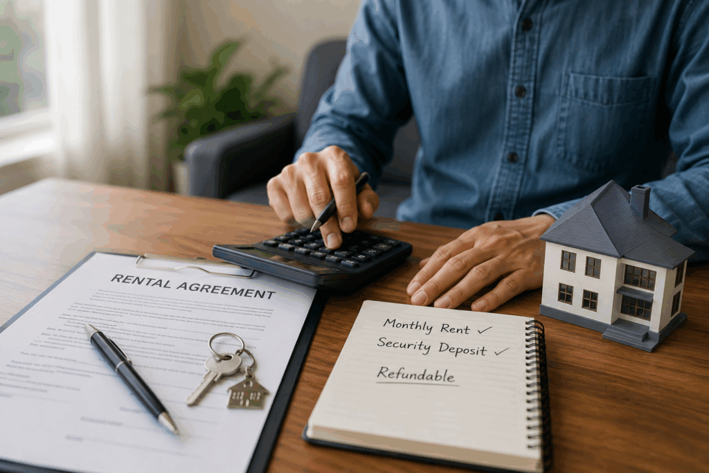 Security Deposits Are Not Rental Income, Why Security Deposits Are Not Rental Income (And the Tax Rules That Apply), Rentok Landlord reviewing rental agreement and calculating refundable security deposit for tax and rental income records