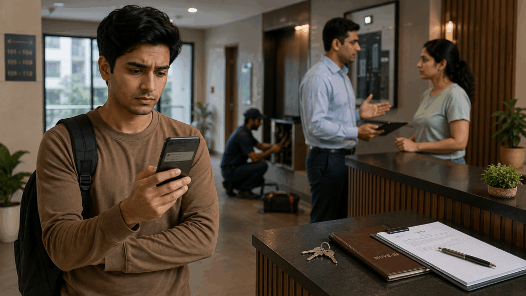 Common rental disputes in India involving tenant payments, property maintenance, and rental agreement issues in a modern residential property.