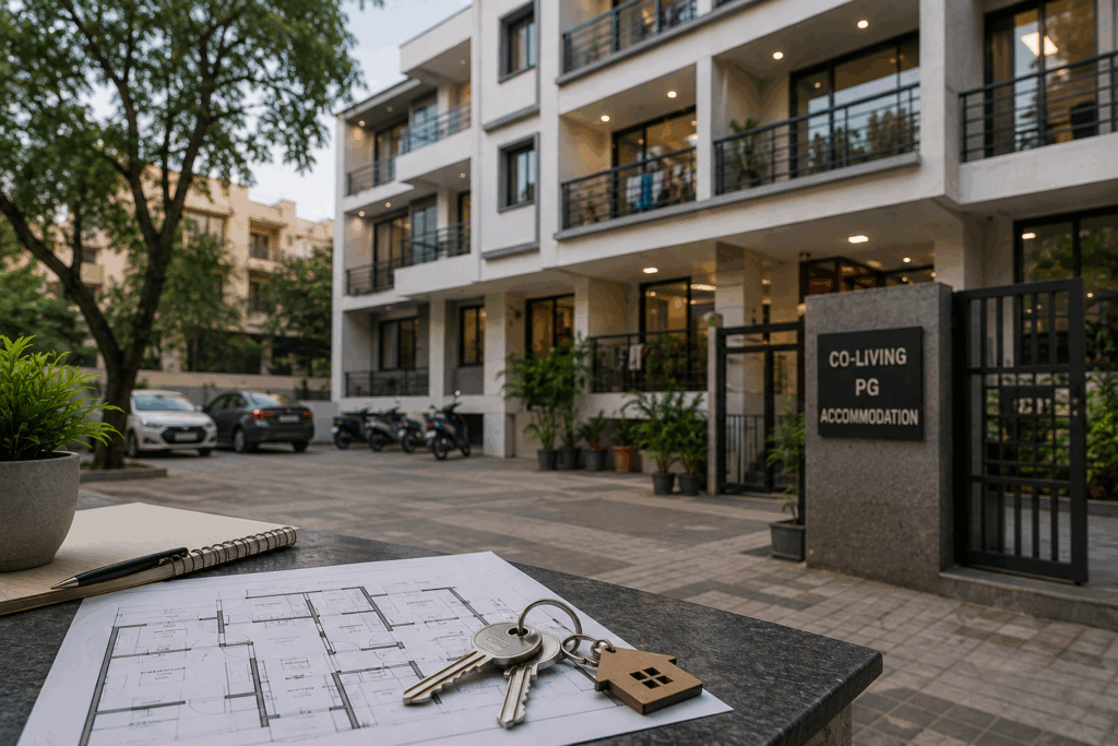 Start a PG Business Legally, How to Start a PG Business Legally in India: Step-by-Step Guide, Rentok Modern PG and co-living property being prepared for business operations, with a residential building, floor plan, and property keys representing PG business setup and legal requirements in India.