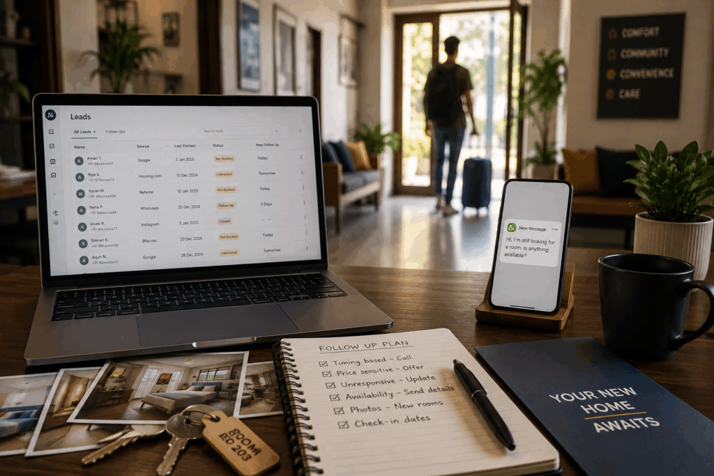 Increase PG Occupancy During Off-Season Months, How to Increase PG Occupancy During Off-Season Months, Rentok PG operator reviewing old tenant leads and follow-ups to convert existing enquiries into new bookings.