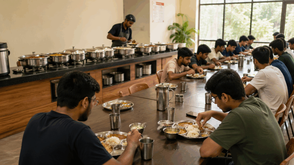 PG mess dining hall with residents eating freshly prepared meals, showing organized food service and daily meal operations in a hostel.
