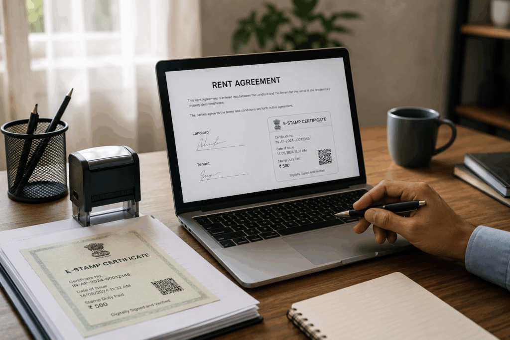 E-Stamping, What is E-Stamping for Rent Agreements and Is It Legally Valid?, Rentok E-stamped rent agreement on laptop showing digital stamp certificate and stamp duty payment for a legally valid rental agreement in India.