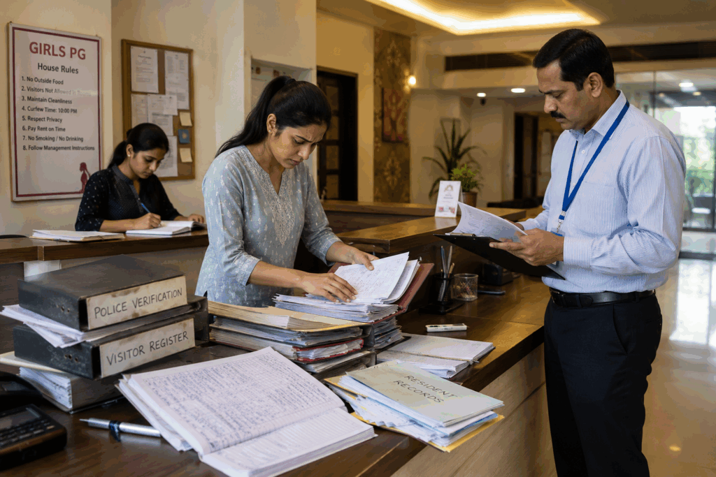 Run a Girls PG, How to Run a Girls PG in India: Rules, Safety, and Compliance, Rentok Property manager undergoing a compliance inspection at a girls PG in India while reviewing tenant records, KYC documents, police verification files, and visitor registers.