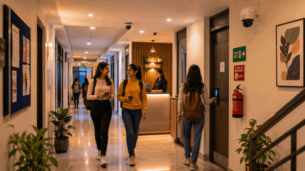 Run a Girls PG, How to Run a Girls PG in India: Rules, Safety, and Compliance, Rentok Girls PG in India with secure access control, CCTV surveillance, emergency safety features, and professionally managed modern accommodation.